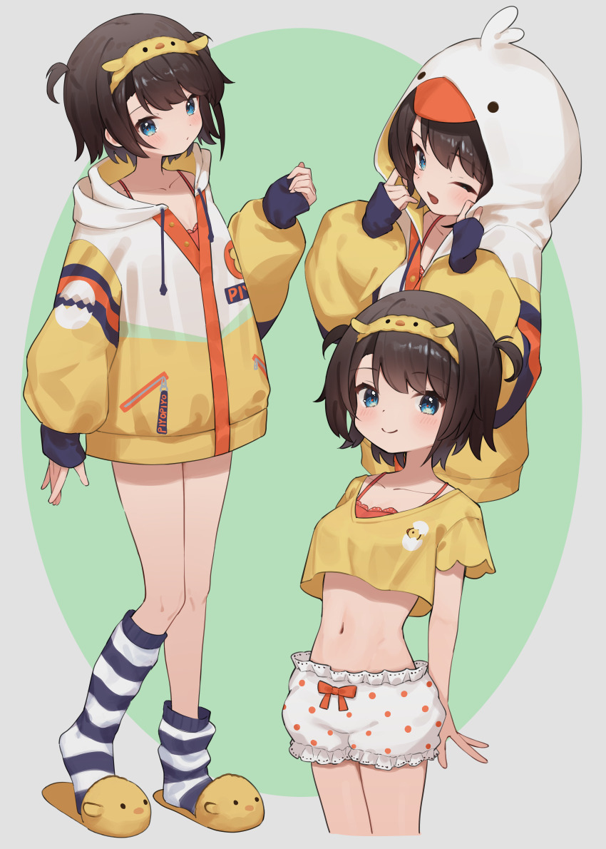 1girl absurdres animal_hood animal_slippers arms_at_sides arms_behind_back black_socks bloomers blue_eyes blush bra bra_peek brown_hair closed_mouth cropped_shirt duck_hood duck_slippers full_body hairband highres hololive hood hood_down hood_up hooded_jacket jacket loose_socks loungewear multicolored_jacket multiple_views official_alternate_costume official_alternate_hairstyle oozora_subaru oozora_subaru_(loungewear) orange_bra polka_dot polka_dot_bloomers shirt short_hair short_sleeves sl10_d sleeves_past_wrists slippers socks striped_clothes striped_socks swept_bangs two_side_up underwear upper_body virtual_youtuber white_bloomers white_jacket yellow_hairband yellow_jacket yellow_shirt