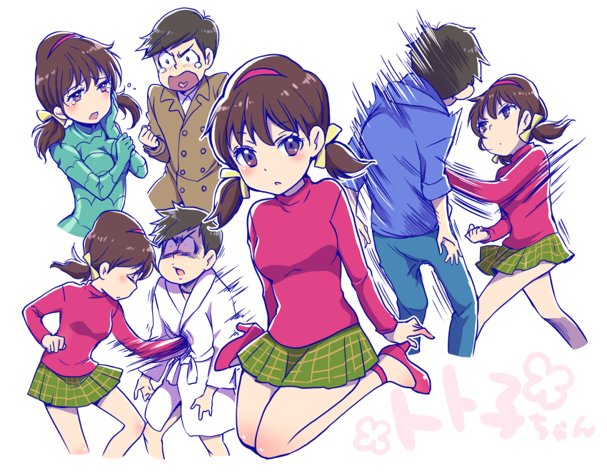 10s 1boy 1girl back bathrobe black_hair blush bodysuit bow breasts brown_eyes brown_hair buttons chestnut_mouth cleavage clenched_hand closed_eyes coat double-breasted eyebrows fish_costume flower green_skirt hair_bow hairband hand_on_own_cheek hand_on_own_face heart heart_in_mouth high_heels highres hood hood_down hoodie jewelry long_sleeves low_twintails matsuno_karamatsu medium_breasts miniskirt motion_lines multiple_views necklace osomatsu-kun osomatsu-san osomatsu_(series) pink_shirt pink_shoes plaid_clothes plaid_skirt punching shirt shoes short_twintails simple_background sitting skirt spread_legs standing tearing_up turtleneck twintails ubizo wariza white_background yellow_bow yowai_totoko