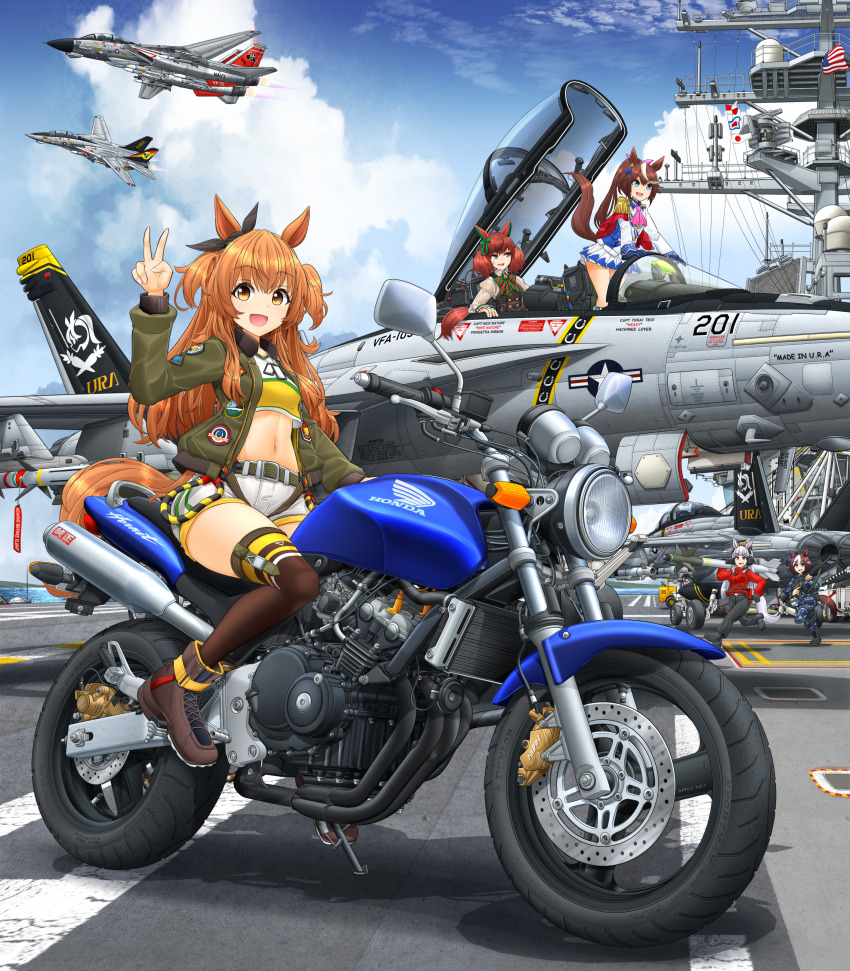 5girls absurdres aim-54_phoenix aim-7_sparrow aim-9_sidewinder air-to-air_missile aircraft aircraft_carrier airplane assault_rifle blue_eyes boots brown_eyes brown_hair camouflage camouflage_jacket camouflage_pants commentary_request f-14_tomcat f-18_hornet fighter_jet flag gold_ship_(umamusume) gun highres holding holding_gun holding_missile holding_weapon honda horse_girl jacket m16 m16a2 mayano_top_gun_(umamusume) midriff mikeran_(mikelan) military_vehicle missile motor_vehicle motorcycle multiple_girls nice_nature_(umamusume) orange_hair pants ponytail red_hair rifle ship special_week_(umamusume) tokai_teio_(umamusume) twintails umamusume v warship watercraft weapon white_hair