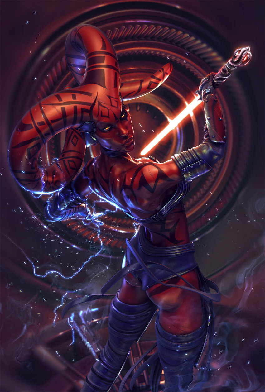 1girl alien armor ass bikini_armor black_gloves black_thighhighs breasts choker colored_skin darth_talon elbow_gloves electricity energy_sword female_focus from_behind full-body_tattoo gloves highres lightsaber long_hair red_skin sith solo star_wars star_wars:_legacy sword tattoo tentacle_hair thighhighs twi&#039;lek vambraces weapon wen_jr yellow_eyes