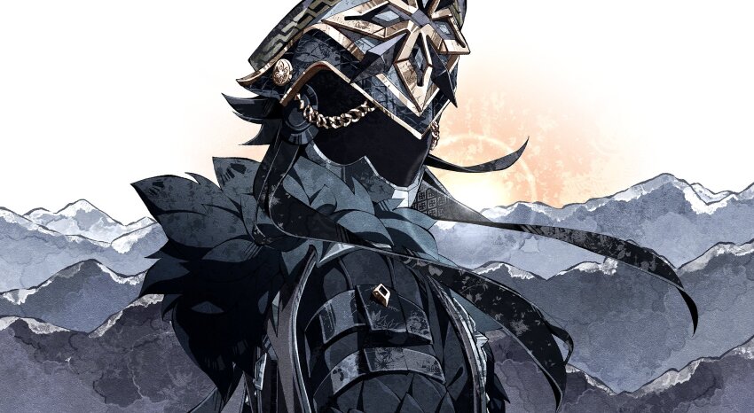 1boy black_coat black_hair black_helmet capitano_(genshin_impact) cha_hanare chain coat commentary facing_viewer fur-trimmed_coat fur_trim genshin_impact gold_chain helmet highres long_hair male_focus mountainous_horizon outdoors solo sunrise upper_body white_background