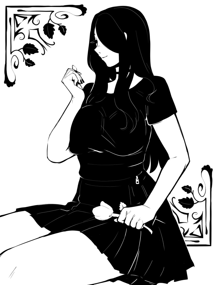 1girl black_skirt breast_press breasts choker closed_eyes closed_mouth commentary english_commentary flower hair_over_one_eye hand_up highres holding holding_flower invisible_chair large_breasts leaf_print long_hair monochrome nail_polish nila_(telepurte) original parchment pleated_skirt shirt short_sleeves sidelocks simple_background sitting skirt smile swept_bangs telepurte thighs white_background zipper_pull_tab zipper_skirt