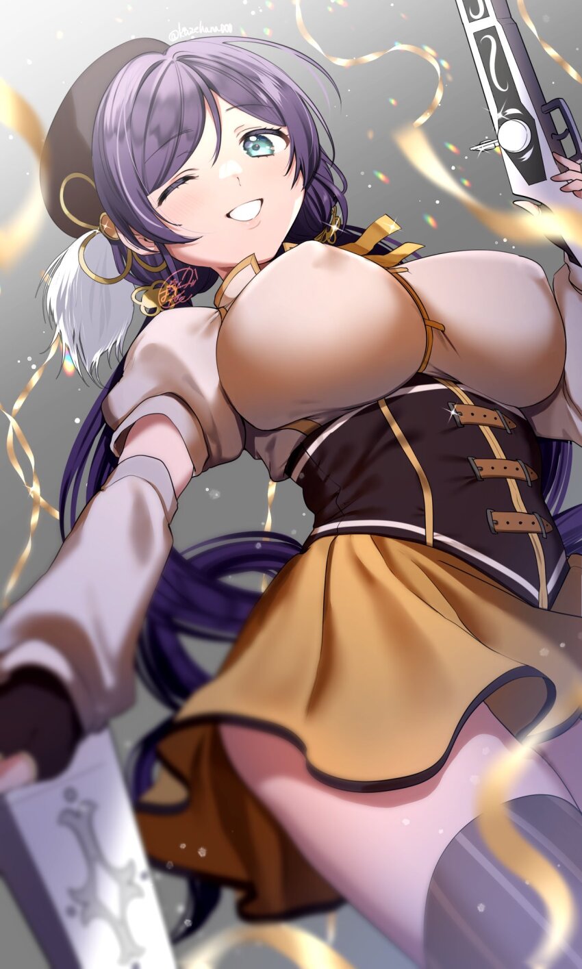 1girl beret black_hat blurry breasts commission corset cosplay covered_erect_nipples detached_sleeves fingerless_gloves from_below gloves green_eyes grin gun hat highres holding holding_gun holding_weapon kazepana large_breasts long_hair looking_at_viewer love_live! love_live!_school_idol_project low_twintails magical_girl magical_musket mahou_shoujo_madoka_magica mahou_shoujo_madoka_magica_(anime) one_eye_closed puffy_short_sleeves puffy_sleeves purple_hair short_sleeves skeb_commission smile solo striped_clothes striped_thighhighs thighhighs tojo_nozomi tomoe_mami tomoe_mami_(cosplay) tomoe_mami_(magical_girl) twintails twitter_username vertical-striped_clothes vertical-striped_thighhighs weapon