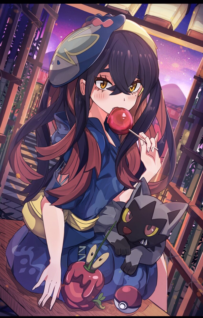 1girl black_hair blush candy candy_apple carmine_(pokemon) crossed_bangs dipplin eyelashes food gen_3_pokemon hair_between_eyes highres holding holding_candy holding_food japanese_clothes jinbei_(clothes) lantern long_hair looking_at_viewer mask mask_on_head mole mole_under_eye multicolored_hair nintendo paper_lantern poke_ball pokemon pokemon_(creature) pokemon_sv poochyena red_hair revision sitting two-tone_hair umiru yellow_eyes