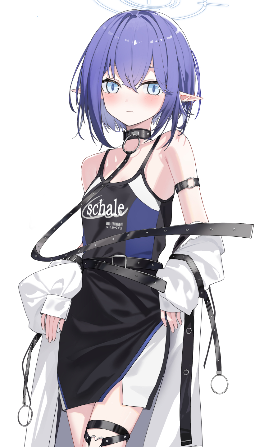 1girl absurdres aoi_(blue_archive) bare_shoulders blue_archive blue_eyes blue_halo breasts hair_between_eyes halo highres looking_at_viewer luo_shu pointy_ears purple_hair simple_background small_breasts solo thigh_strap thighs white_background