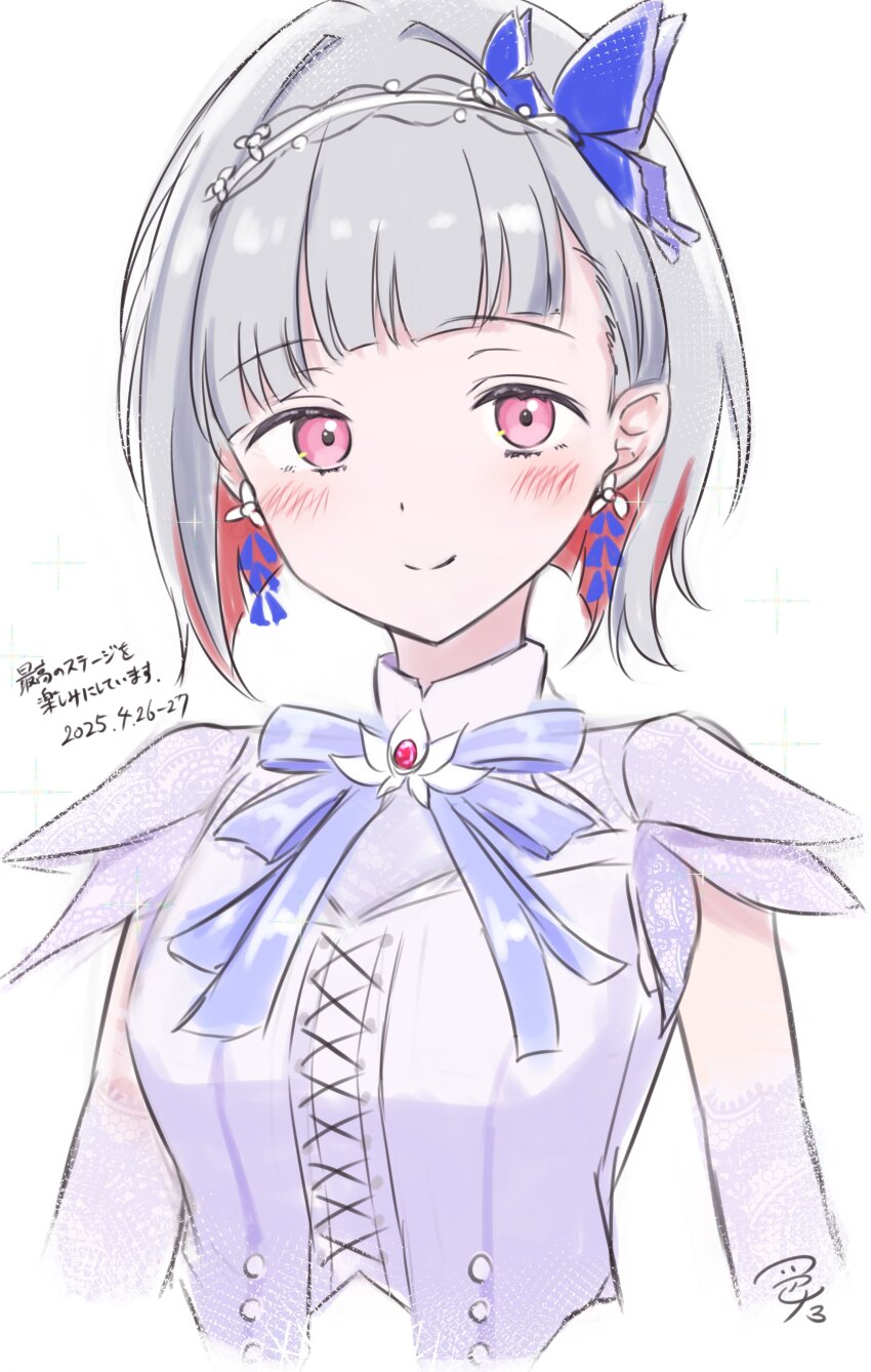 1girl absurdres aurora_flower_(love_live!) blue_ribbon blush bob_cut butterfly_hair_ornament closed_mouth commentary_request cross-laced_clothes cross-laced_top dated earrings flower_earrings grey_hair hair_intakes hair_ornament hairband highres inverted_bob iroha_(nami3) jewelry link!_like!_love_live! looking_at_viewer love_live! neck_ribbon official_alternate_costume purple_shirt red_hair ribbon shirt short_hair short_sleeves simple_background smile solo upper_body virtual_youtuber white_background white_hairband yugiri_tsuzuri