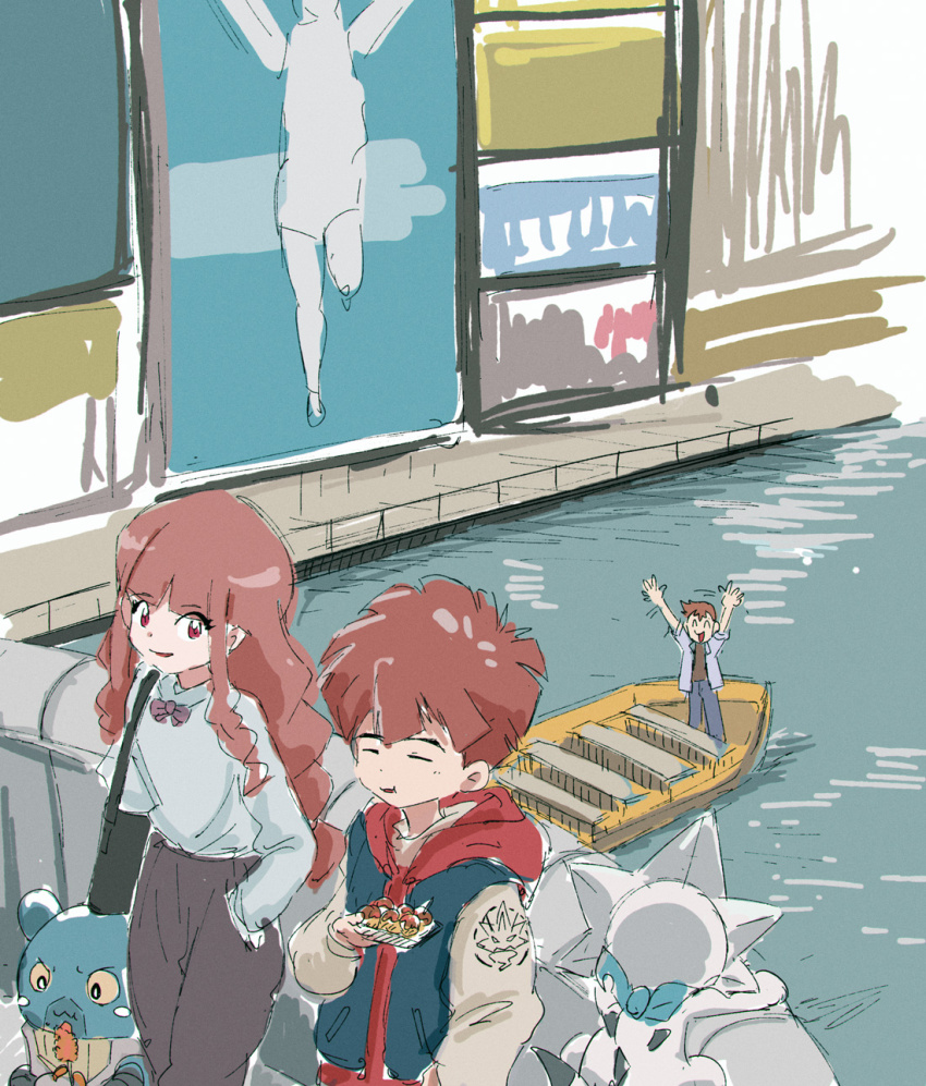 amanokawa_hiro brown_hair closed_eyes digimon dinosaur eating espimon fukatsu_riko gammamon highres long_hair short_hair tsukiyono_ruli