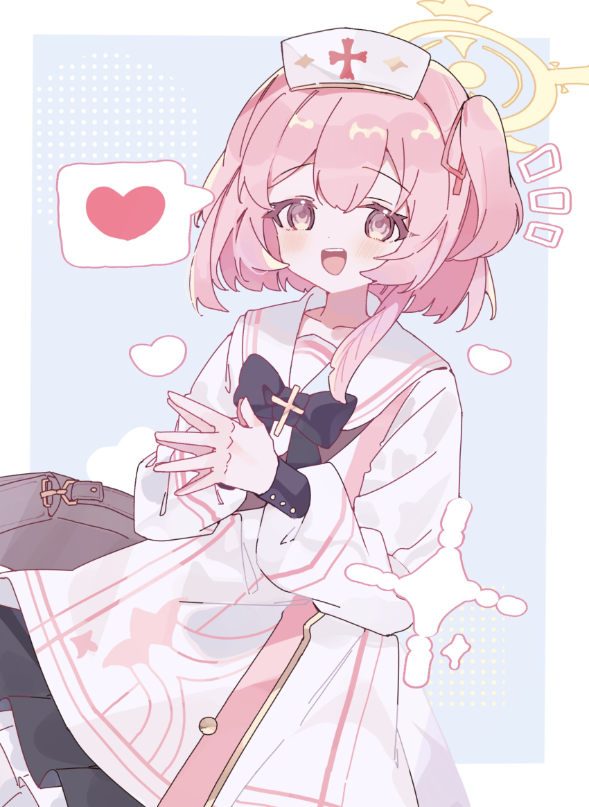 1girl bag blue_archive blush cross cross_patonce cross_print dress feathers halo hat heart highres long_sleeves medium_hair nurse_cap one_side_up open_mouth outside_border pink_eyes pink_hair puffy_long_sleeves puffy_sleeves rco_as sailor_collar sailor_dress serina_(blue_archive) smile solo spoken_heart white_dress white_hat white_sailor_collar yellow_halo