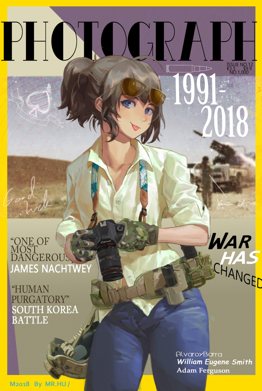1girl 1other bateleur blue_eyes blue_pants brown_hair camera camouflage_gloves cavehuuu closed_mouth collarbone collared_shirt cover day denim english_text eyewear_on_head fake_magazine_cover helmet highres holding holding_camera jeans long_hair long_sleeves looking_at_viewer magazine_cover military original outdoors pants ponytail shirt sleeves_rolled_up solo_focus standing sunglasses tongue tongue_out white_shirt