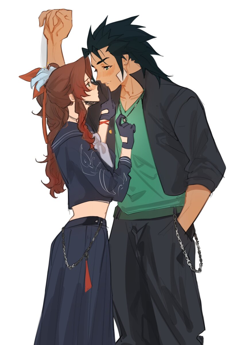 1boy 1girl absurdres aerith_gainsborough aerith_gainsborough_(midgard_seventh_high_school) aqua_shirt bandaid bandaid_on_cheek bandaid_on_face belt_chain black_gloves black_hair black_jacket black_sailor_collar black_serafuku black_skirt blue_eyes blush brown_hair commentary couple delinquent earrings english_commentary eye_contact feet_out_of_frame final_fantasy final_fantasy_vii final_fantasy_vii_ever_crisis flirting flower from_side gakuran gloves green_eyes hair_flower hair_ornament hair_slicked_back hand_in_pocket height_difference highres jacket jewelry kabedon long_hair looking_at_another lumiaeria midriff neckerchief necklace official_alternate_costume open_clothes open_jacket parted_bangs parted_lips profile sailor_collar school_uniform serafuku shirt sidelocks skirt spiked_hair standing stud_earrings sukeban white_background white_flower white_neckerchief zack_fair zack_fair_(midgard_seventh_high_school)