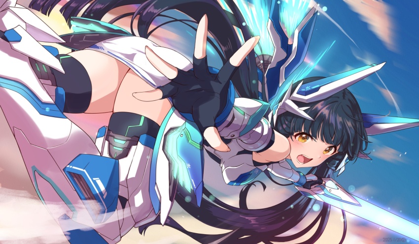 1girl arm_armor armor bare_shoulders black_gloves blue_hair blunt_bangs blurry blurry_background blush breasts brown_eyes damokan66 energy_sword fingerless_gloves from_behind gloves gradient_sky highres holding holding_sword holding_weapon idolmaster idolmaster_million_live! idolmaster_million_live!_theater_days kitakami_reika leg_armor long_hair looking_at_viewer low_twintails mecha_musume mechanical_arms mechanical_ears mechanical_legs mechanical_wings medium_breasts miniskirt open_hand open_mouth pencil_skirt reaching reaching_towards_viewer robot_ears serious skirt sky solo sword teeth twintails twintails_with_hair_base very_long_hair weapon white_skirt wings