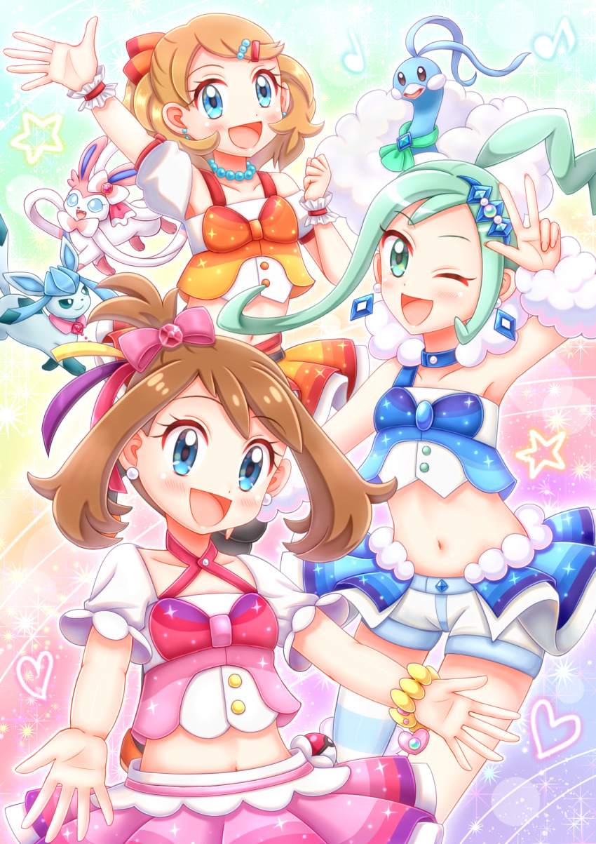 3girls altaria aqua_hair armpits arms_up asymmetrical_clothes asymmetrical_legwear blue_eyes blue_skirt blush breasts brown_hair collarbone crop_top earrings gen_3_pokemon gen_4_pokemon gen_6_pokemon glaceon green_eyes hair_ornament highres idol idol_clothes jewelry lightning_ahoge lisia_(pokemon) long_hair looking_at_viewer may_(pokemon) mega_stone midriff multiple_girls navel nintendo niwatori_(syamo_chamo) official_alternate_costume official_alternate_hairstyle open_mouth pink_skirt poke_ball pokemon pokemon_(anime) pokemon_(creature) pokemon_journeys reaching reaching_towards_viewer ribbon scrunchie serena_(pokemon) skirt small_breasts smile star_(symbol) stomach sylveon v wrist_scrunchie