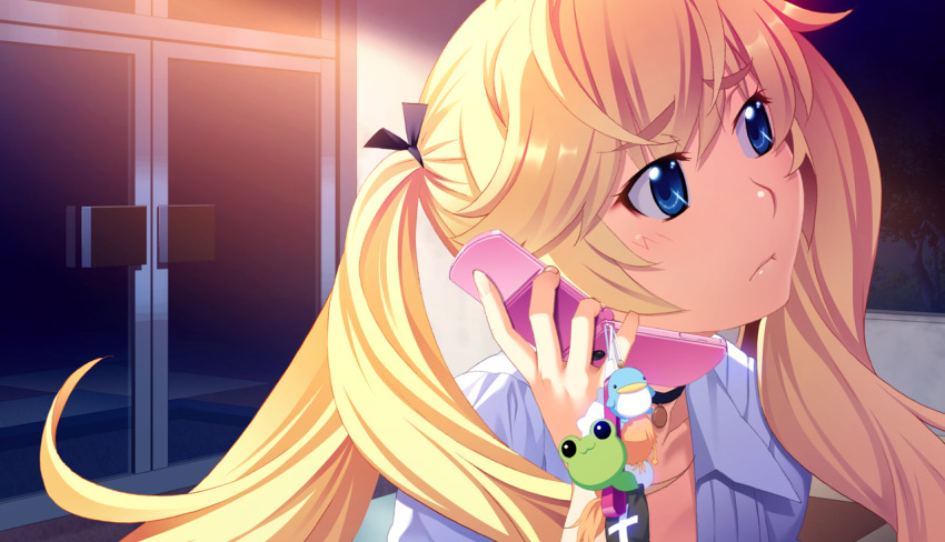 1girl black_choker black_ribbon blonde_hair blue_eyes blush cellphone cellphone_charm charm_(object) choker closed_mouth collarbone collared_shirt door flip_phone game_cg grisaia_(series) grisaia_no_rakuen hair_ribbon holding holding_phone large_variant_set long_hair matsushima_michiru night non-web_source official_art outdoors phone portrait ribbon shirt solo talking_on_phone twintails variant_set watanabe_akio white_shirt