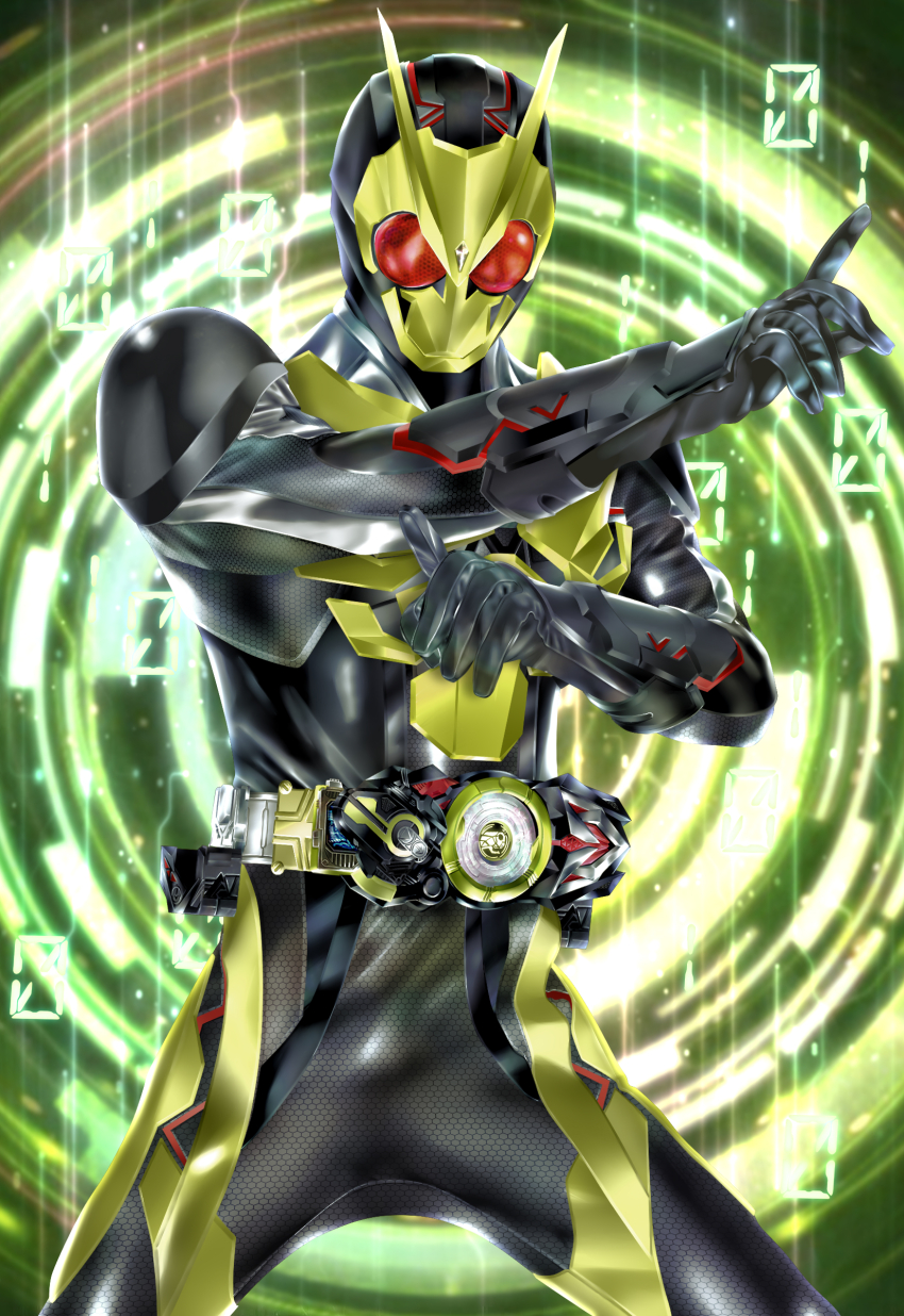 1boy absurdres antennae armor belt black_bodysuit bodysuit compound_eyes cowboy_shot rider_belt gloves green_armor helmet highres index_finger_raised kamen_rider kamen_rider_01_(series) kamen_rider_zero-one kuzurx looking_at_viewer male_focus progrise_key red_eyes rider_belt rising_hopper solo tokusatsu zero_one_driver