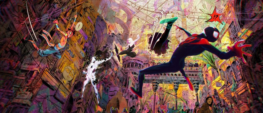 ! !? absurdres animal_print architecture aymeric_kevin bodysuit building city cityscape commentary complex_exterior english_commentary english_text highres hood hooded_bodysuit marvel miles_morales official_art outdoors people scenery spider-gwen spider-man:_across_the_spider-verse spider-man_(miles_morales) spider-man_(series) spider-man_india spider-verse spider_print superhero_costume two-tone_bodysuit urban wide_shot