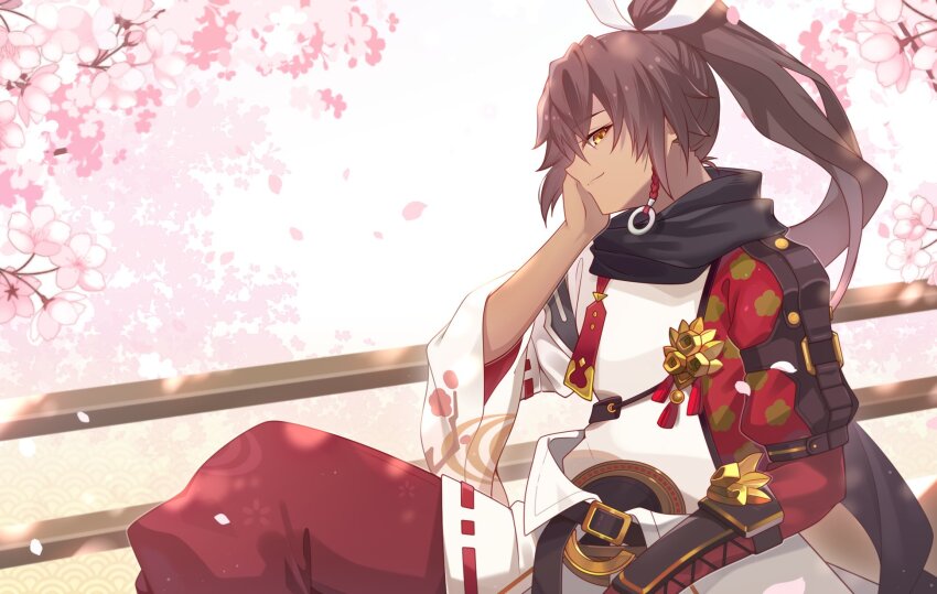 1boy armor brown_eyes brown_hair cherry_blossoms closed_mouth commentary_request dark-skinned_male dark_skin fence flower hair_between_eyes hand_on_own_cheek hand_on_own_face hand_up highres japanese_armor japanese_clothes long_hair looking_at_viewer m-1ng male_focus outdoors pants petals pink_flower ponytail profile red_pants rune_factory rune_factory:_guardians_of_azuma shirt sitting smile solo subaru_(rune_factory) tassel tree white_shirt