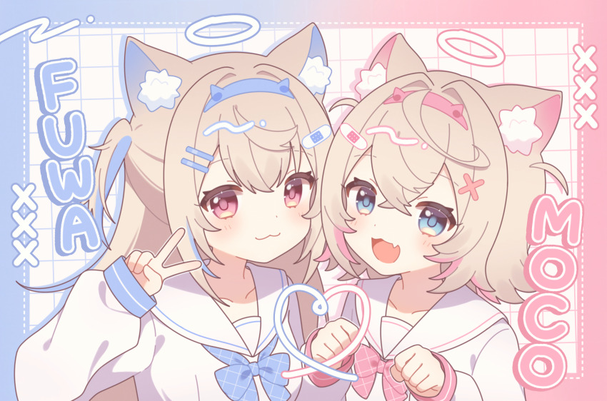 2girls :3 :d =_hair_ornament absurdres alternate_costume animal_ears bandaid bandaid_hair_ornament blonde_hair blue_border blue_bow blue_bowtie blue_eyes blue_hair blue_halo border bow bowtie character_name clenched_hands commentary dog_ears fake_horns fang fuwawa_abyssgard gradient_border hair_between_eyes hair_intakes hair_ornament hairclip halo highres hololive hololive_english horns long_hair long_sleeves looking_at_viewer meroharome mococo_abyssgard multicolored_hair multiple_girls open_mouth pink_border pink_bow pink_bowtie pink_eyes pink_hair pink_halo sailor_collar school_uniform shirt short_hair siblings sisters skin_fang smile streaked_hair symbol-only_commentary twins upper_body v virtual_youtuber white_sailor_collar white_shirt x_hair_ornament