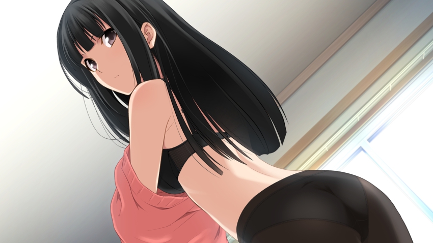 1girl 5pb. ass black_bra black_hair black_pantyhose bra breasts dutch_angle from_behind lingerie long_hair looking_back medium_breasts memories_off memories_off_yubikiri_no_kioku morii_shizuki nagumo_kasumi panties panties_under_pantyhose pantyhose pink_sweater standing sweater underwear undressing window