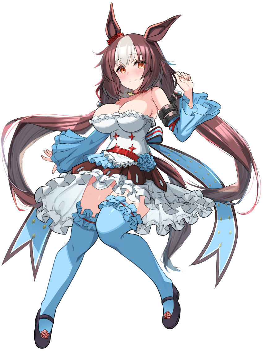 1girl absurdres animal_ears armpits blush breasts brown_hair cleavage collarbone detached_sleeves ear_scrunchie full_body highres horse_ears horse_girl horse_tail kibihimi large_breasts long_hair looking_at_viewer low_twintails multicolored_hair orange_eyes simple_background solo streaked_hair tail textless_version thighhighs twintails umamusume white_hair yamanin_zephyr_(umamusume) zettai_ryouiki