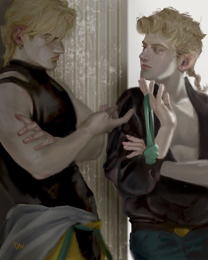 2boys artist_name black_shirt blonde_hair braid commentary_request crossed_arms danart14020 dio_brando father_and_son giorno_giovanna green_headband headband unworn_headband highres holding holding_headband jojo_no_kimyou_na_bouken long_hair looking_at_another male_focus multiple_boys muscular muscular_male pants realistic shirt smile stardust_crusaders vento_aureo yellow_eyes yellow_pants