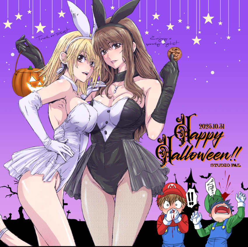 2boys 2girls animal_ears black_gloves black_hair black_leotard blonde_hair blood breasts brown_eyes brown_hair cosplay dated detached_collar elbow_gloves english_text fake_animal_ears fishnet_pantyhose fishnets gloves highres large_breasts leotard luigi luigi_(cosplay) mario mario_(cosplay) mario_(series) multiple_boys multiple_girls nanno_koto nintendo nosebleed original pantyhose playboy_bunny rabbit_ears short_hair showgirl_skirt strapless strapless_leotard white_gloves white_leotard