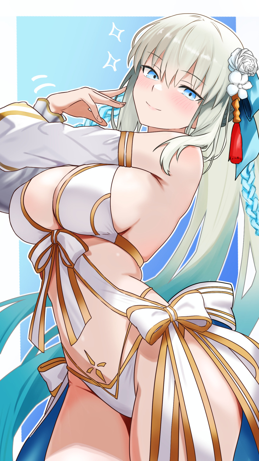 1girl absurdres bamboo_tac bare_shoulders bikini blue_eyes blush bow braid breasts cleavage commentary detached_sleeves fate/grand_order fate_(series) flower gold_trim grey_hair hair_bow hair_flower hair_ornament half_up_braid highres large_breasts long_hair looking_at_viewer morgan_le_fay_(fate) morgan_le_fay_(water_princess)_(fate) navel ponytail sidelocks smile solo stomach_tattoo swimsuit tattoo thighs very_long_hair white_bikini