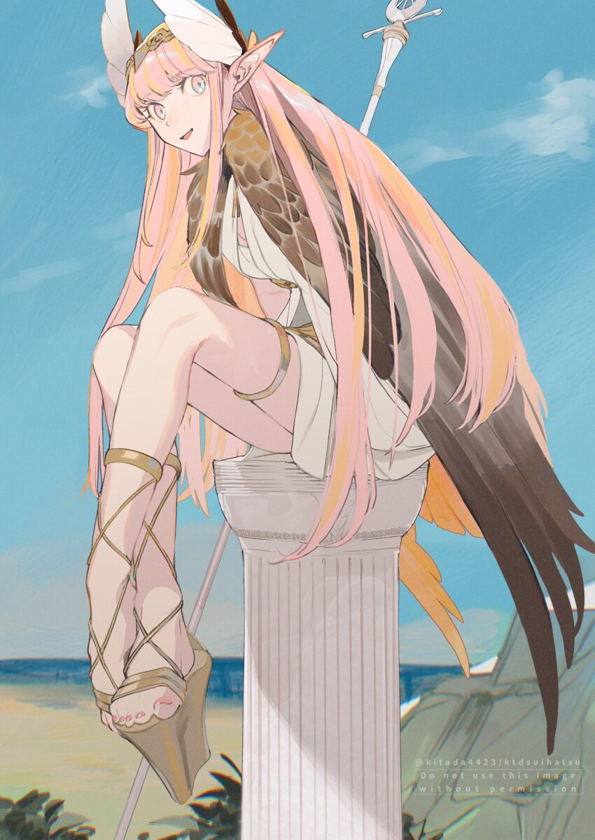 1girl ancient_greek_clothes beach blonde_hair blue_eyes blue_sky brown_wings circe_(fate) commentary_request cross-laced_sandals crossed_ankles dress fate/grand_order fate_(series) feathered_wings from_side gladiator_sandals gold_tiara greco-roman_clothes head_wings highres holding holding_staff jewelry kitada long_hair long_sidelocks looking_at_viewer multicolored_eyes multicolored_hair nail_polish ocean open_mouth pink_eyes pink_hair platform_sandals pointy_ears sandals sidelocks sitting sky solo staff stone_pillar thighlet toenail_polish toenails toes twitter_username two-tone_eyes two-tone_hair very_long_hair watermark white_dress wings