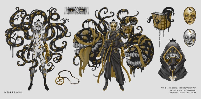 1boy absurdres artist_name black_hood book chain character_name crown eldritch_abomination english_text extra_eyes extra_mouth gold_mask grey_background high_collar highres hood indie_virtual_youtuber kintsugi mask merpperoni merpperoni_(vtuber) mistercreamy multiple_views no_genitals off_shoulder reference_sheet teeth tentacles virtual_youtuber white_hair yellow_eyes