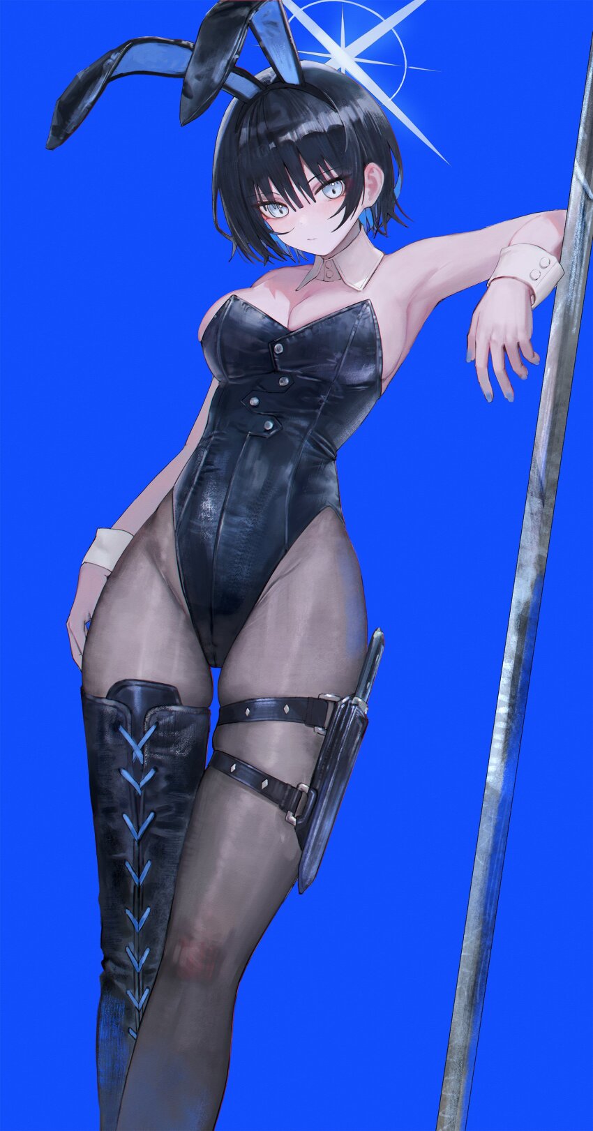 1girl absurdres alternate_costume alternate_hair_length alternate_hairstyle animal_ears armpits bare_shoulders black_boots black_hair black_leotard black_pantyhose blue_archive blue_background blue_hair boots breasts colored_inner_hair detached_collar fake_animal_ears flippy_(cripine111) halo highres large_breasts leotard multicolored_hair pantyhose playboy_bunny rabbit_ears saori_(blue_archive) short_hair simple_background single_boot standing thigh_boots white_wrist_cuffs wrist_cuffs