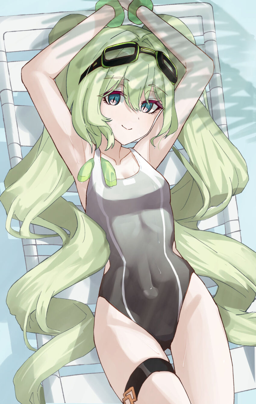 1girl armpits arms_up beach_chair breasts covered_navel erio_dazima goggles goggles_on_head green_hair grey_one-piece_swimsuit highres honkai_(series) honkai_impact_3rd long_hair mobius_(honkai_impact) mobius_(summer_2024)_(honkai_impact) official_alternate_costume official_alternate_hairstyle one-piece_swimsuit scrunchie small_breasts snake solo swimsuit thigh_strap twintails very_long_hair wrist_scrunchie