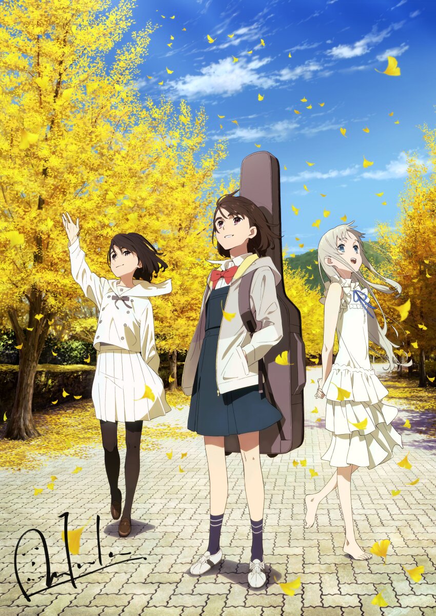 3girls absurdres aioi_aoi_(sora_no_aosa_o_shiru_hito_yo) ano_hi_mita_hana_no_namae_wo_bokutachi_wa_mada_shiranai. arm_behind_back arm_up arms_behind_back artist_request autumn autumn_leaves barefoot black_hair blue_sky bow bowtie brown_footwear brown_hair cloud crossover dress grey_undershirt grin hands_in_pockets highres honma_meiko instrument_case kokoro_ga_sakebitagatterunda. leaf multiple_girls naruse_jun neckerchief official_art open_mouth pantyhose pleated_skirt pocket red_bow red_bowtie sailor_collar school_uniform second-party_source serafuku shirt shoes short_hair signature skirt sky smile socks sora_no_aosa_o_shiru_hito_yo tree undershirt undershirt_peek white_dress white_footwear white_serafuku white_shirt white_skirt