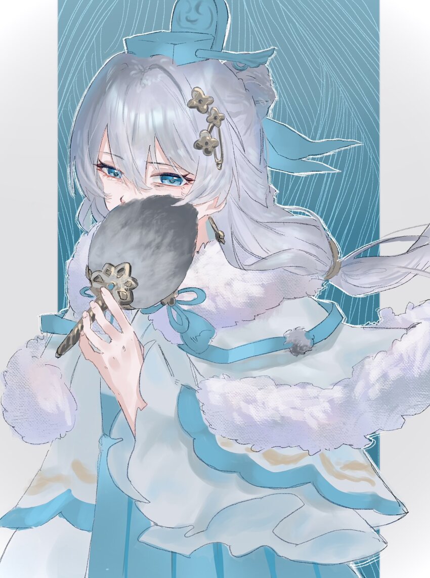 1girl blue_eyes blue_skirt china_dress chinese_clothes dress duoyun_de_tiankong earrings hair_ornament hand_fan highres holding holding_fan honkai_(series) honkai_impact_3rd jewelry long_hair long_sleeves looking_at_viewer skirt solo theresa_apocalypse white_hair zhuge_kongming_(honkai_impact)