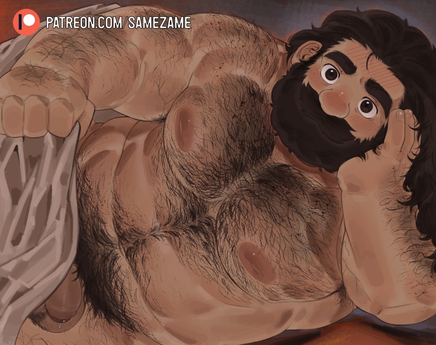 1boy abs bara beard commentary dungeon_meshi dwarf english_commentary facial_hair flaccid foreskin head_on_hand highres long_hair looking_at_viewer lying male_focus muscular muscular_male nipples on_side overload_(nuhoangxitray) patreon_logo patreon_username pectorals penis pubic_hair senshi_(dungeon_meshi) testicles topless_male very_hairy very_long_hair