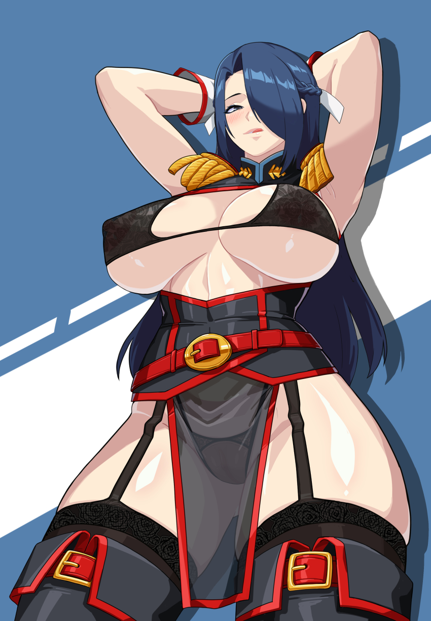1girl absurdres armpits arms_behind_head azuma_fubuki black_boots black_bra black_panties black_thighhighs blue_background blue_eyes blue_hair boots bra breasts covered_erect_nipples cowboy_shot f.b.w hair_over_one_eye highres large_breasts long_hair mato_seihei_no_slave panties presenting_armpit pussy revealing_clothes see-through_clothes see-through_panties simple_background solo thigh_boots thighhighs tongue underwear white_background