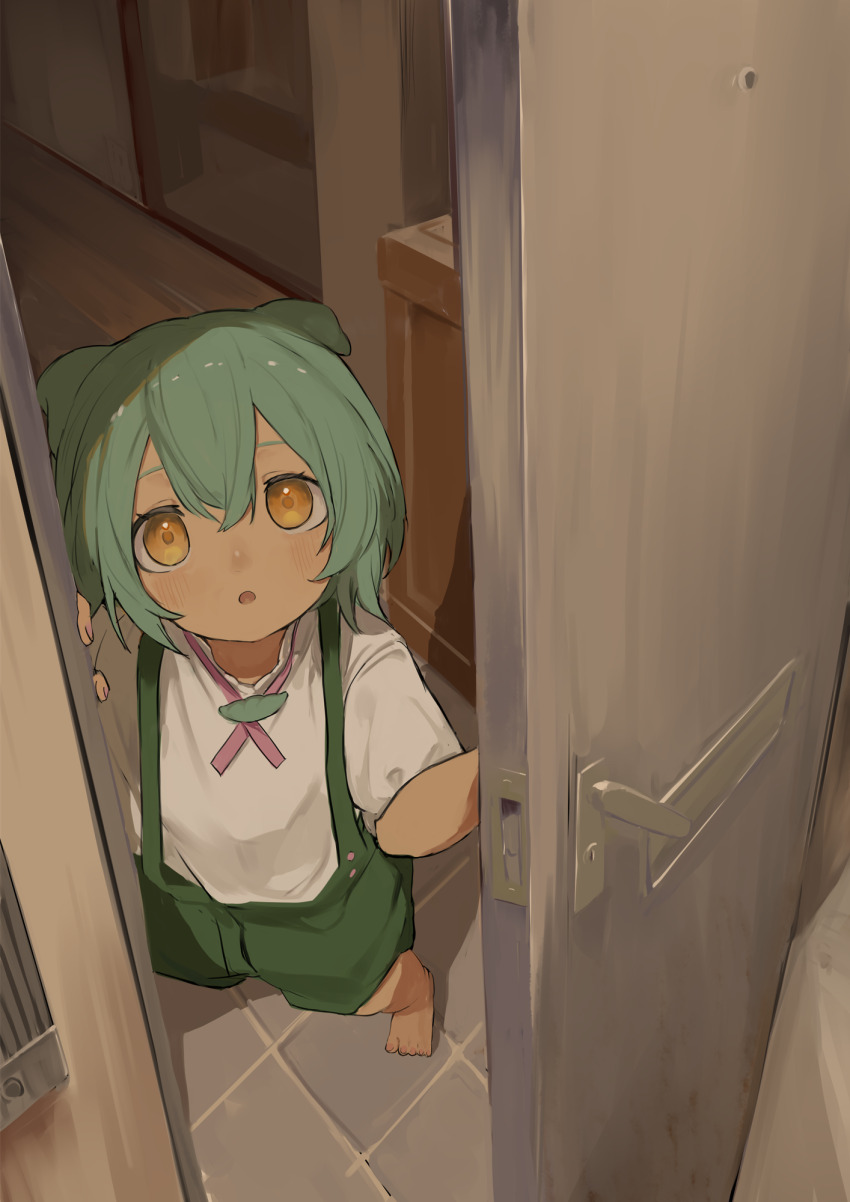 1girl barefoot commentary doorway foreshortening from_above full_body green_hair green_shorts highres indoors looking_at_viewer open_door open_mouth perspective pocche-ex pov_doorway shirt short_hair shorts solo standing suspenders voiceroid voicevox white_shirt yellow_eyes zundamon