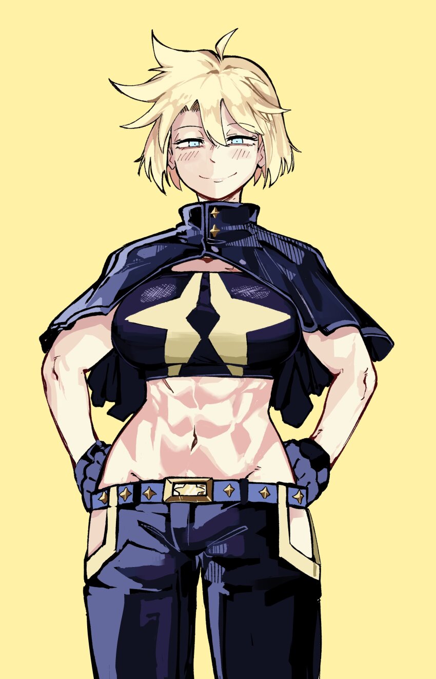 1girl abs absurdres ahoge antares_topaz bandeau belt black_bandeau black_gloves black_pants blonde_hair blue_eyes capelet cowboy_shot gloves hands_on_own_hips highres hip_vent looking_at_viewer original pants simple_background smile solo standing star_(symbol) toned toned_female topaz_(antares_topaz) yellow_background