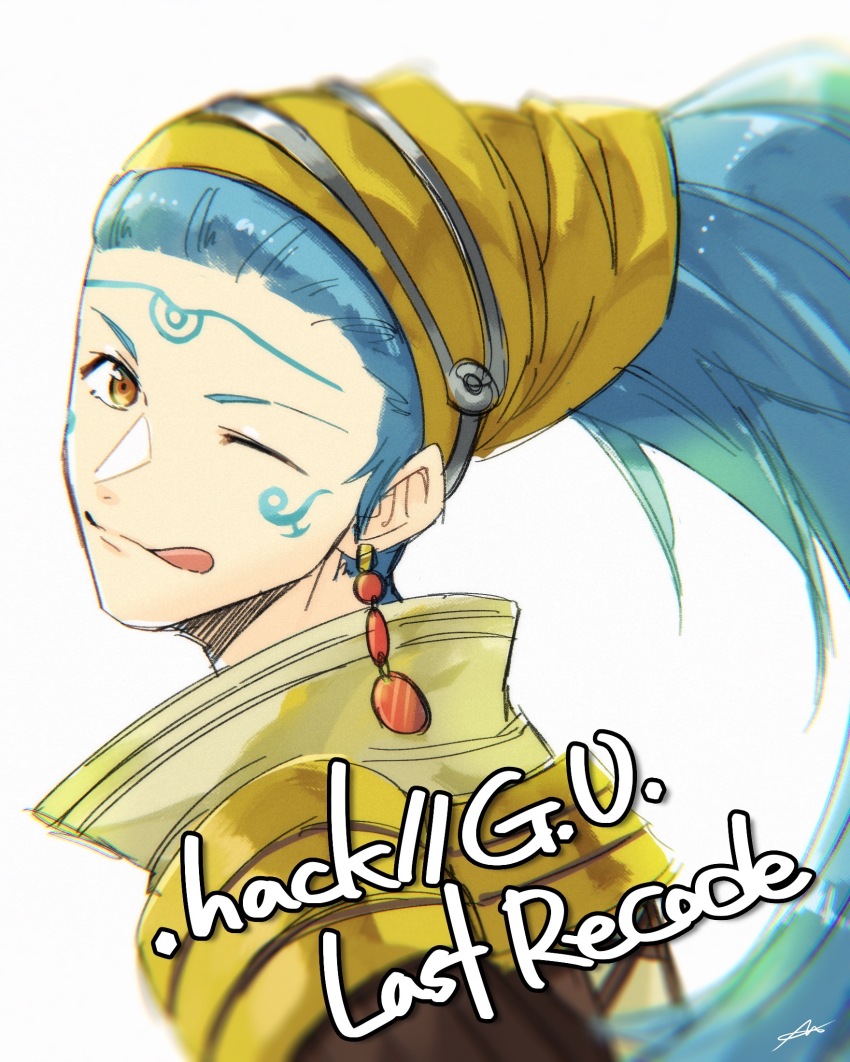 .hack// .hack//g.u. 1boy :q aqua_hair copyright_name earrings facial_tattoo highres jewelry kuhn_(.hack//) long_hair looking_at_viewer male_focus one_eye_closed popped_collar portrait rye_(yuetsuki) signature simple_background solo tattoo tongue tongue_out white_background yellow_eyes