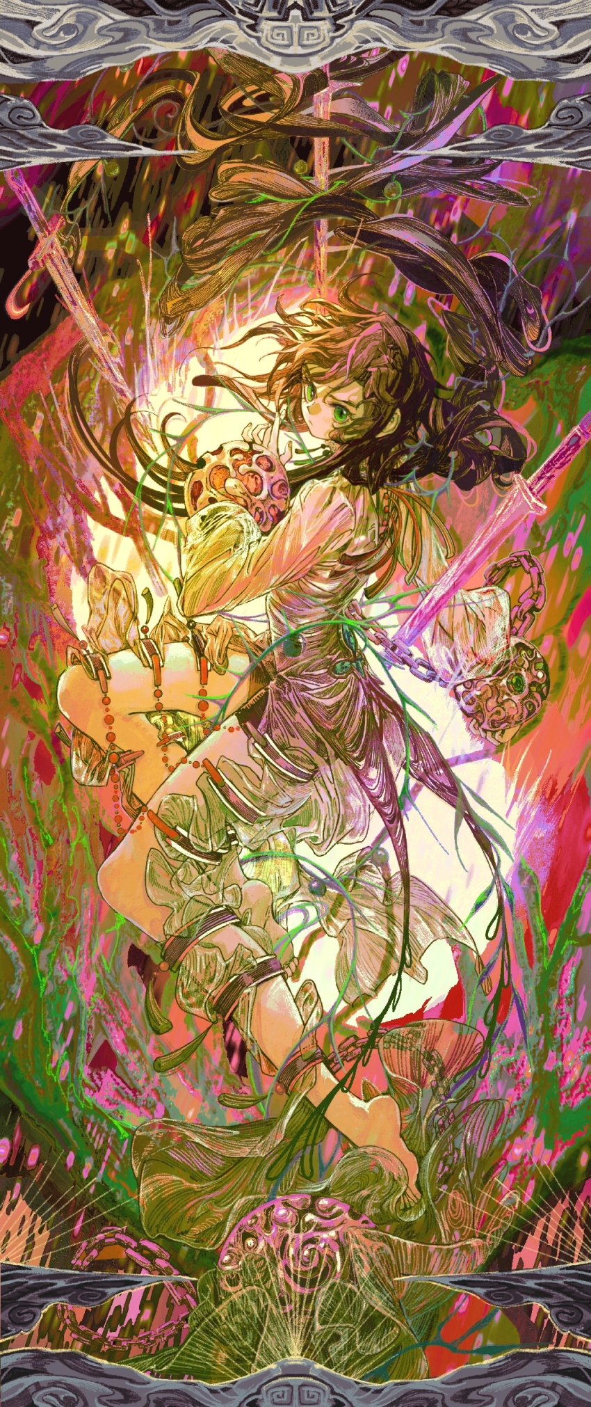 1girl anklet barefoot black_hair chain green_eyes jewelry long_sleeves original solo soshi1234 sword weapon