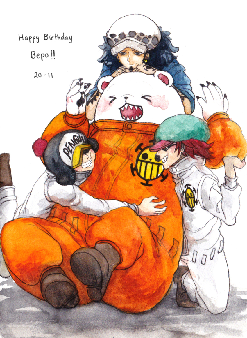 &gt;_&lt; 4boys bear bepo_(one_piece) boots character_name chul_(pacifique) closed_eyes commentary earrings english_commentary facial_hair goatee hand_tattoo happy_birthday hat highres hug jewelry jumpsuit male_focus multiple_boys one_piece orange_jumpsuit penguin_(one_piece) shachi_(one_piece) sharp_teeth short_hair sideburns spiked_hair tattoo teeth trafalgar_law white_jumpsuit