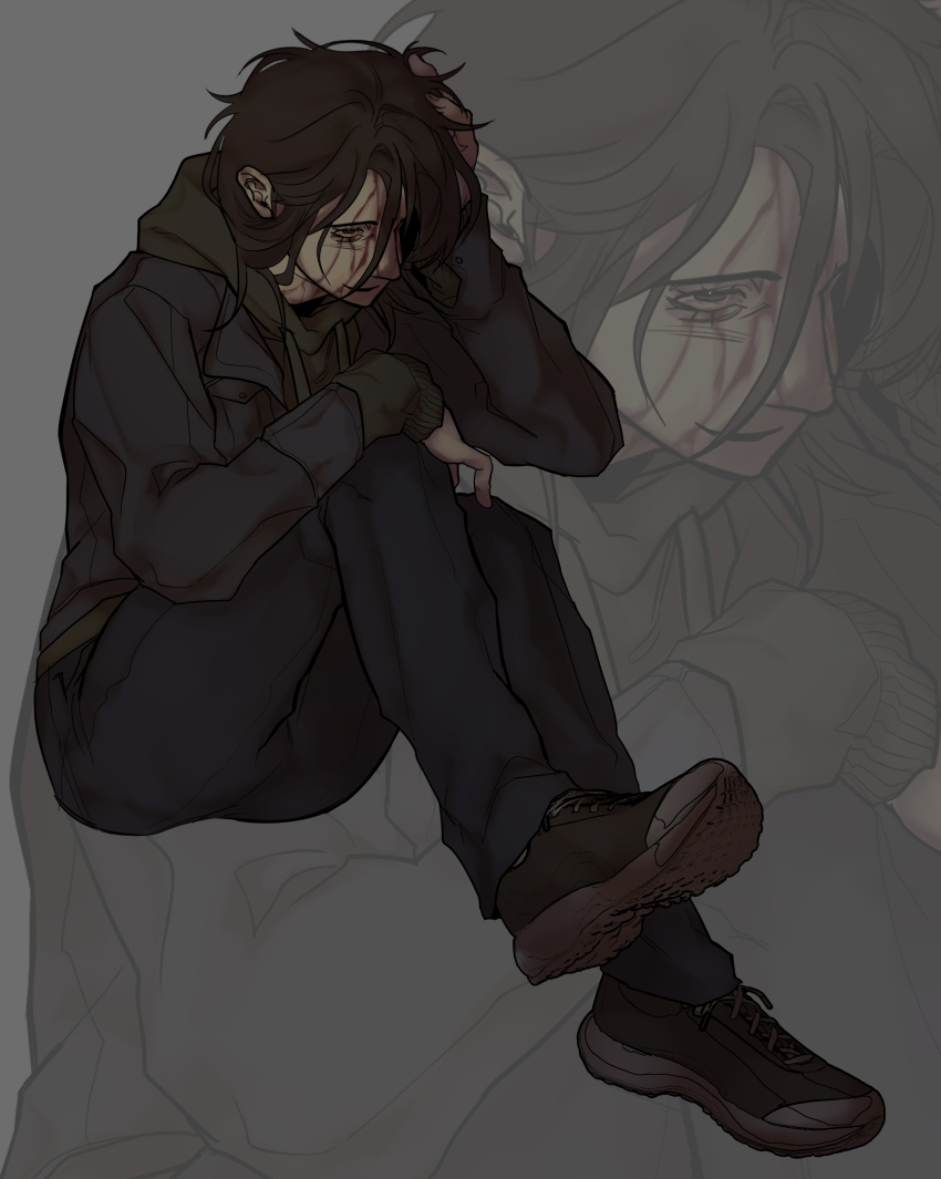 1girl absurdres bags_under_eyes black_coat bloodshot_eyes brown_hair coat cry_of_fear full_body grabbing_own_hair hair_over_one_eye hand_on_own_head hand_on_own_knee highres hood hood_down ju-san knees_up light_smile medium_hair messy_hair on_ground shoes sitting sneakers solo sophie_(cry_of_fear) zoom_layer