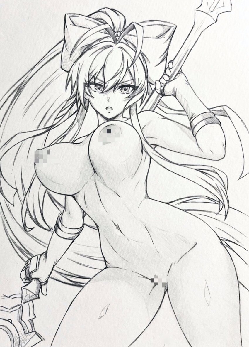 1girl blazblue bow breasts censored completely_nude graphite_(medium) greyscale hair_between_eyes hair_bow highres holding holding_weapon large_breasts long_hair looking_at_viewer mai_natsume monochrome mosaic_censoring navel nude parted_lips seishun_dendeke solo standing traditional_media v-shaped_eyebrows very_long_hair weapon