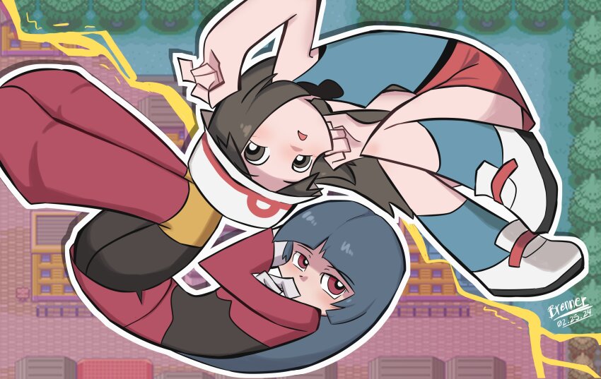 2girls absurdres bare_arms brenner_dashore brown_hair creatures_(company) dated game_freak gloves grey_eyes hat highres leaf_(pokemon) looking_at_viewer multiple_girls nintendo outline panty_&amp;_stocking_with_garterbelt panty_&amp;_stocking_with_garterbelt_(style) parody pokemon pokemon_frlg red_eyes red_skirt rotational_symmetry sabrina_(pokemon) signature skirt style_parody white_gloves white_hat white_outline