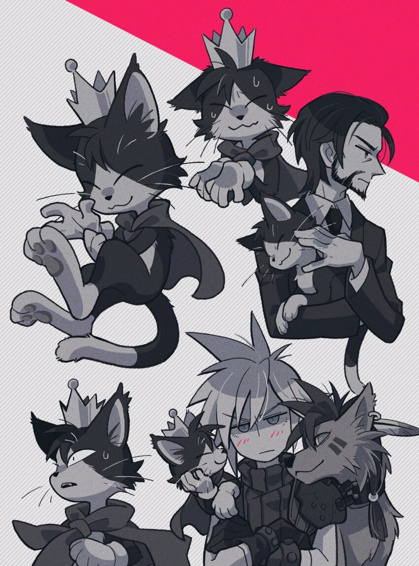 4boys animal bandaged_arm bandages beads black_fur blush cait_sith_(final_fantasy) cape cat closed_eyes cloud_strife coffinsmokes collared_shirt crossed_arms crown facial_hair facial_mark feather_hair_ornament feathers final_fantasy final_fantasy_vii final_fantasy_vii_rebirth final_fantasy_vii_remake furrowed_brow gloves goatee hair_beads hair_between_eyes hair_ornament head_on_hand highres holding holding_animal holding_cat jacket male_focus mini_crown monochrome multiple_boys necktie open_mouth pink_background red_xiii reeve_tuesti shirt short_hair sidelocks single_shoulder_pad sleeveless sleeveless_turtleneck spiked_hair spot_color suit_jacket suspenders sweatdrop turtleneck two-tone_fur upper_body white_fur white_gloves