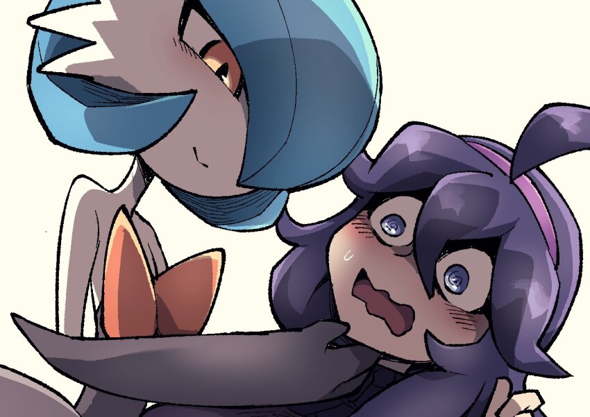 1girl alternate_color black_dress black_gloves blue_eyes blush chichibu_(watson) colored_skin dress elbow_gloves gardevoir gen_3_pokemon gloves hair_over_one_eye hairband half-closed_eyes hex_maniac_(pokemon) mega_gardevoir mega_pokemon nintendo open_mouth orange_eyes pokemon pokemon_(creature) purple_hair shiny_pokemon simple_background smile strapless strapless_dress sweatdrop white_skin you_gonna_get_raped
