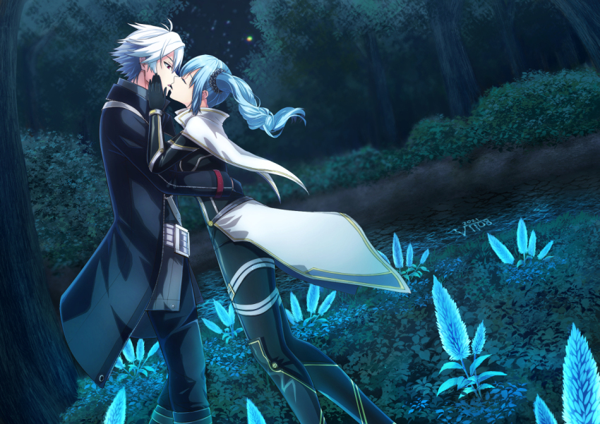 1boy 1girl black_bodysuit black_coat black_gloves blue_hair bodysuit capelet claire_rieveldt coat couple eiyuu_densetsu falcom forest gloves kiss latex latex_bodysuit long_hair nature night rean_schwarzer red_eyes sen_no_kiseki_(series) side_ponytail verrell white_hair