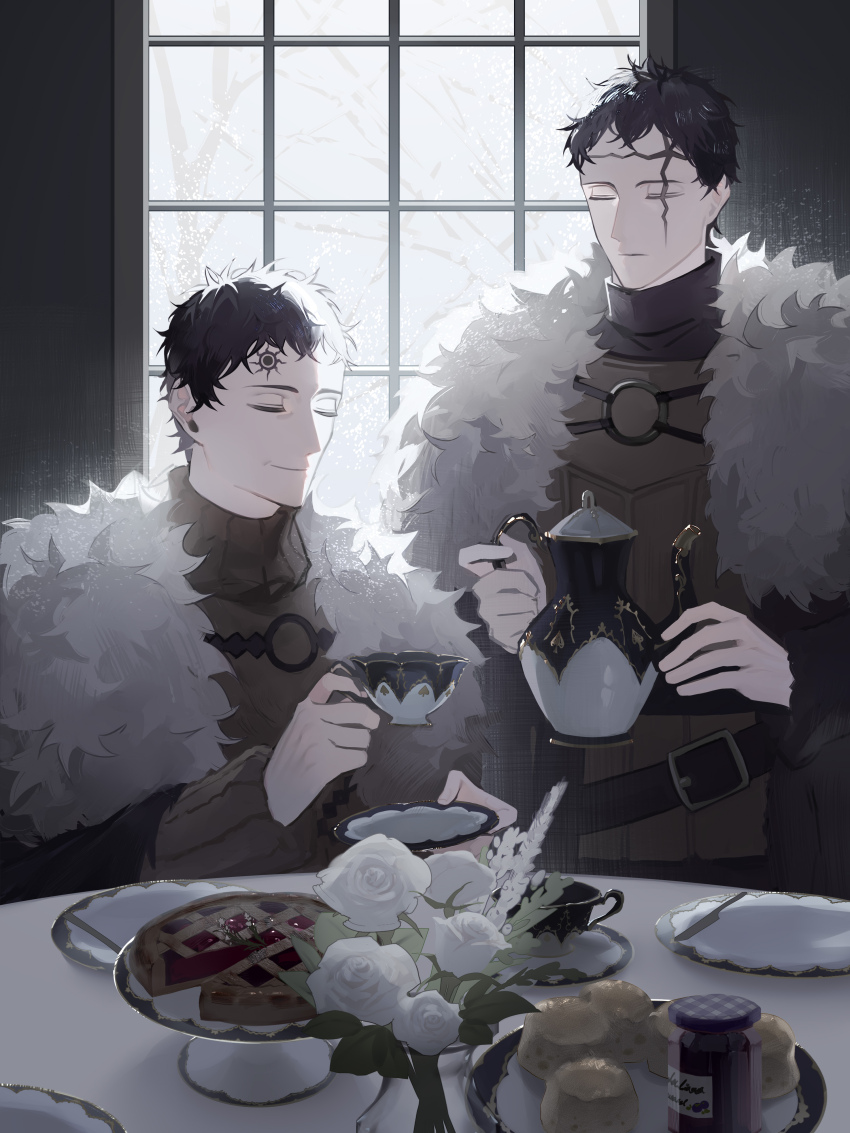 2boys absurdres black_clover black_hair brothers brown_robe closed_eyes coat cup facial_mark flower food forehead_mark frit_2 fur_coat highres holding holding_cup holding_plate holding_teapot jam light_smile lucius_zogratis multiple_boys pie plate robe rose scone short_hair siblings table tea teapot white_flower white_fur white_rose zenon_zogratis