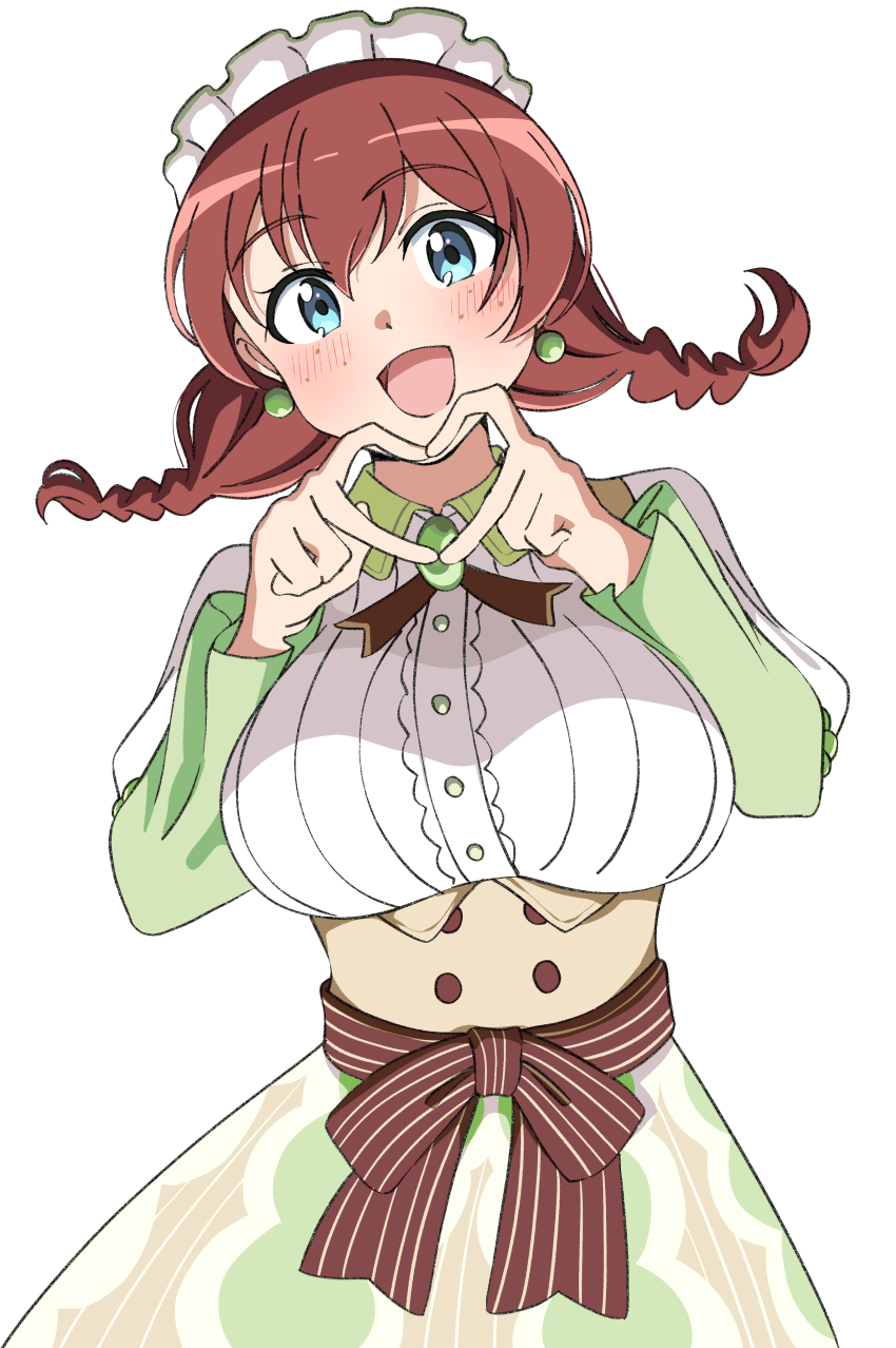1girl four-finger_heart_hands :d absurdres blue_eyes braid breasts brown_hair collared_shirt commentary contrast_collar costume_request cowboy_shot earrings emma_verde freckles heart heart_hands highres jewelry large_breasts layered_sleeves long_hair long_sleeves love_live! love_live!_nijigasaki_high_school_idol_club low_twin_braids official_alternate_costume open_mouth shirt short_over_long_sleeves short_sleeves smile solo twin_braids uchuu_no_mozuku white_shirt