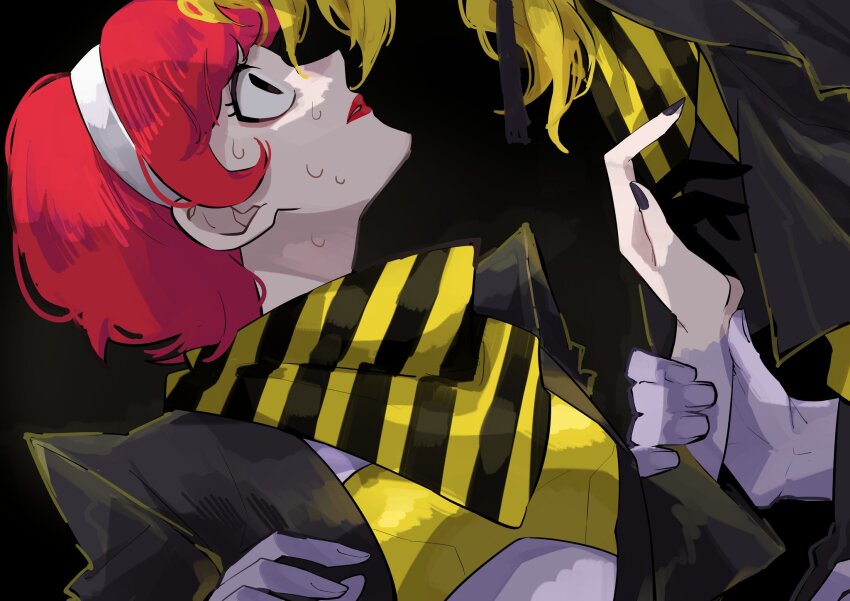 1boy 1girl black_background black_eyes black_jacket blonde_hair colored_skin commentary_request eyelashes fingernails flurry_(a_ka_shi) grey_skin hairband highres holding_another&#039;s_wrist jacket lipstick looking_at_another makeup nekoma_hikaru nervous_sweating red_hair red_lips scared short_hair striped_bandana sweat traffic_jam_(vocaloid) welter_(a_ka_shi) white_hairband