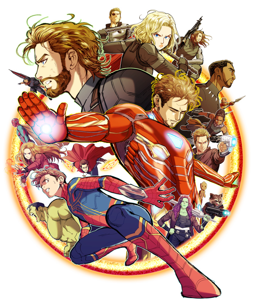 5girls 6+boys animal_ears animal_nose animal_print animification arc_reactor armor arms_up avengers:_infinity_war avengers_(series) bag bare_shoulders beard belt black_bag black_belt black_bodysuit black_eyes black_gloves black_hair black_panther_(marvel) black_pants black_shirt black_tank_top black_widow blonde_hair blue_bodysuit blue_eyes blue_pants blue_shirt bodysuit brown_eyes brown_fur brown_hair brown_jacket cape captain_america cloak closed_eyes closed_mouth collarbone collared_jacket colored_skin dark-skinned_male dark_skin doctor_strange eyepatch eyeshadow facial_hair fang fangs fingerless_gloves flying full_armor gamora gem gloves green_bodysuit green_skin grey_armor grey_hair groot gun hand_on_own_hip hand_up hands_up highres holding holding_gun holding_polearm holding_sword holding_weapon hulk iron_man jacket bucky_barnes jewelry jungyun99 light_brown_hair lips long_hair long_sleeves looking_at_viewer looking_to_the_side looking_up magic makeup marvel marvel_cinematic_universe mechanical_wings multicolored_armor multicolored_hair multiple_boys multiple_girls natasha_romanoff necklace okoye open_clothes open_jacket open_mouth orange_hair pants peter_parker peter_quill polearm power_armor prosthesis prosthetic_arm purple_eyes purple_eyeshadow purple_hair raccoon_ears red_armor red_bodysuit red_cape red_cloak red_gemstone red_jacket red_shirt red_skin rocket_raccoon sam_wilson scarlet_witch shirt short_hair shuri_(marvel) sky spear spider-man spider_print spider_web_print steve_rogers sunglasses superhero_costume sweatdrop sword t&#039;challa t-shirt tank_top teeth the_falcon thor_(marvel) tongue tony_stark transparent_background two-tone_bodysuit two-tone_hair v-shaped_eyebrows vision_(marvel) wanda_maximoff weapon wings winter_soldier yellow_armor yellow_cape
