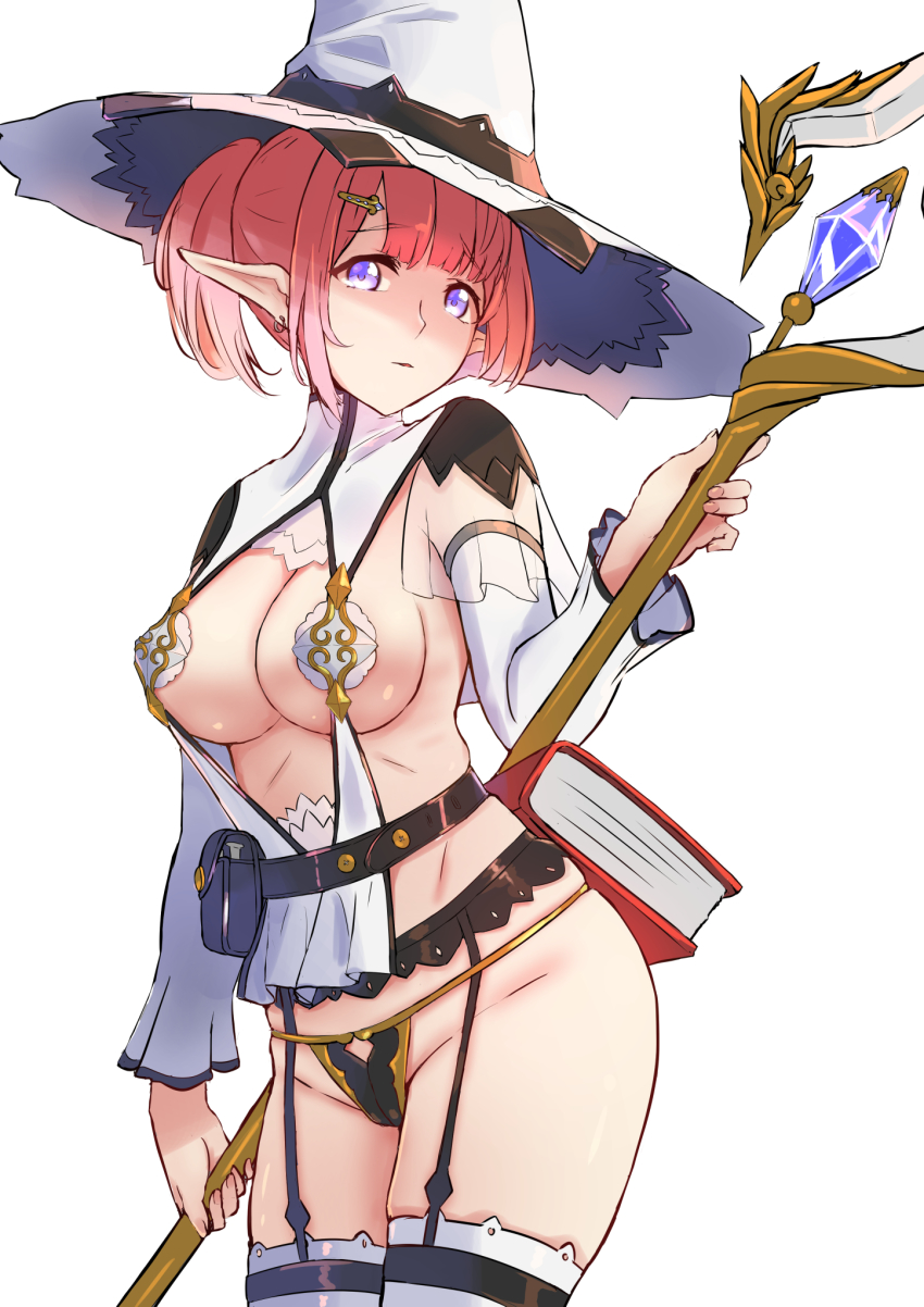 1girl armor belt belt_pouch bikini_armor book breasts cowboy_shot detached_collar detached_sleeves earrings garter_belt hair_ornament hairclip hat highres holding holding_staff jewelry large_breasts looking_at_viewer original parted_lips pointy_ears ponytail pouch purple_eyes red_hair solo staff standing thighhighs witch witch_hat yilan_un